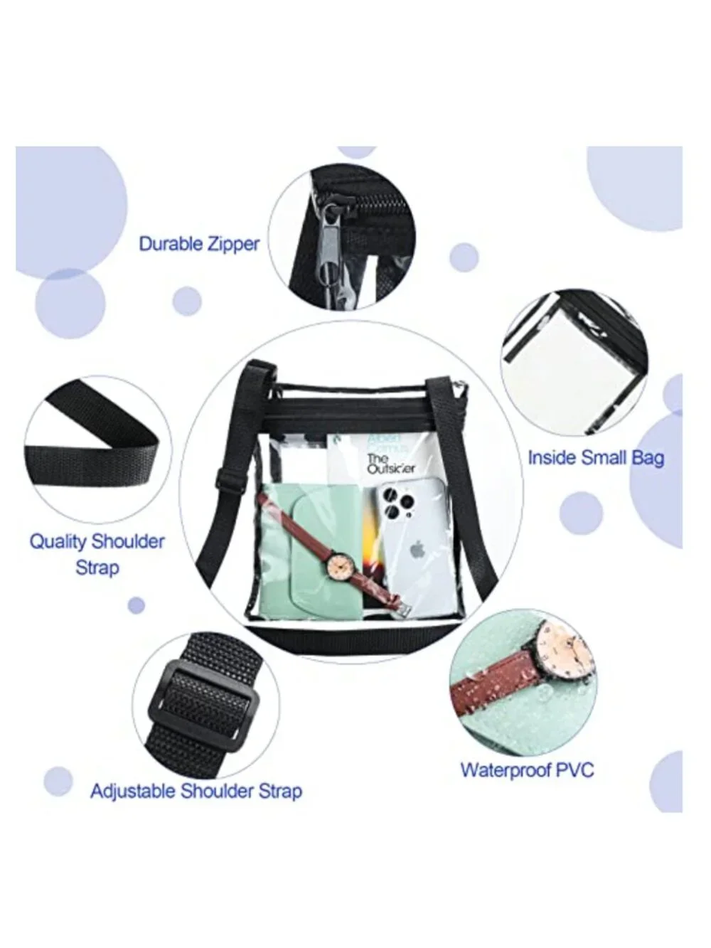 10 Clear PVC Stadium Approved Crossbody Bags with Adjustable Strap, Inner
